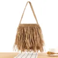 Chic straw woven fringe shoulder bag, stylish casual handbag for summer beach vacation. - Camel