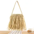 Minimalist straw fringe tote bag, casual woven beach handbag for women daily vacation style - Beige