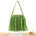 Green fringed straw handbag casual woven shoulder bag for women summer beach daily use - Green