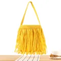 Sac bandoulière en raphia franges jaunes, cabas tissé élégant pour vacances plage. - Jaune