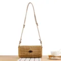 Hollow woven crossbody bag for women, stylish candy color casual shoulder handbag for beach. - Camel
