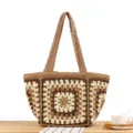 Handcrafted crochet straw tote bag, stylish retro granny square shoulder bag for summer beach vacation. - Camel