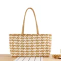 Bruine en witte gewoven plastic tote tas stijlvolle strand handtas schoudertas shopper - camel