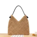 Handmade woven straw shoulder bag, stylish triangle tote bag for women beach vacation. - Camel