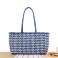 Geweven Kunststof Shopper Tas Blauw Beige Schouder Strand Vakantie Casual Model - Blauw