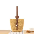 Sac seau tressé en paille fait main, lanière cuir marron, sac bandoulière plage décontracté - Raphia Naturel