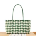 Green and white woven plastic tote bag, stylish casual beach shoulder bag for women daily use. - Army Green