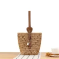 Sac seau tressé en paille fait main, sac à main décontracté pour femmes plage vacances. - Chameau