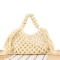 Beige macrame woven handbag with wooden bead handles and fringe. Casual stylish summer beach bag. - Off White