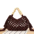 Brown Macrame Woven Handbag with Wooden Beads and Tassels, Chic Beach Casual Tote Purse - Dark Coffee