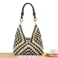 Woven crochet shoulder bag with wooden bead handle, stylish casual daily commuting beach handbag. - Two-Tone Black (Brown Handles)