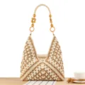 Woven Cotton Rope Shoulder Bag Beige Brown Crochet Handbag Casual Beach Vacation Women - Two-Tone Camel (Yellow Handles)