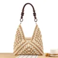 Chic cotton rope woven shoulder bag with beaded handle, ideal for beach holiday and daily use. - Two-Tone Camel (Brown Handles)