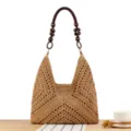 Knitted cotton rope shoulder bag in khaki variant, stylish straw hobo bag for daily wear. - Solid Camel (Brown Handles)