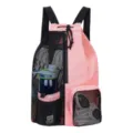 Detailweergave van roze zwart mesh trekkingrugzak met trekkoord voor zwemmen en strand. - 20-35L / Roze