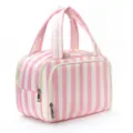Pink and white striped cosmetic bag, large capacity portable toiletry bag with wide opening. - Cream Pink Striped