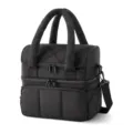 Black quilted insulated lunch bag with dual compartment, top handle and shoulder strap. - Black