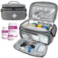 Detailed view of grey first aid medical storage bag with multi compartments and organized tools. - Gray