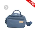 Compact blue fabric camera shoulder bag with top handle, front pocket and adjustable strap. - S / Blue