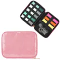 Vue détaillée de l'intérieur du sac de rangement pailleté rose avec des fentes pour bracelets. - Rose