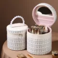 Ronde Make-up Opbergdoos van Tweed Parel Handvat Draagbare Cosmetische Make-up Koffer - Verfijnd ivoorwit klein