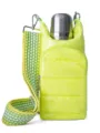 Neon gele gewatteerde waterfles crossbody tas met brede geweven riem en thermoskan. - Groen
