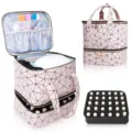 Roze dubbellaagse nagellak opbergtas draagbare organizer voor flessen en uv lamp cosmetica - Witte marmeren print enkel handvat