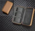Portable 3-slot watch travel case brown leather watch storage box with soft grey velvet interior. - 3-Slot / Brown Gray Interior