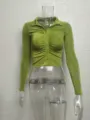 Green long sleeve slim fit button down ribbed crop top shirt apparel detail view - S / Tops / Green