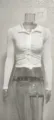 White ribbed long sleeve crop top shirt detail showing front ruching and lapel collar design. - White