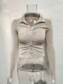 Women's long sleeve lapel collar buttoned ruched slim fit short crop cardigan top - Apricot