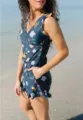 Floral print V-neck one-piece swimsuit with ruffles and side pocket for women beach wear. - XS / Irregular Shape