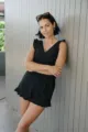 Vrouwen zwart eendelig jumpsuit zwempak V-hals ruffles zomer strandkleding outfit - XS / Zwart