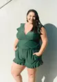 Donkergroene grote maat badpak met volantjes, V-hals romper zwemkleding voor dames. - XS / Groen