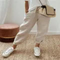 Damen Freizeit Leinen Hose elastischer Bund Knöchellang Sommer Strand Alltag atmungsaktiv - S / Khaki