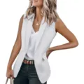 Women white sleeveless blazer vest elegant solid color lapel open front casual outerwear - S / Tops / White
