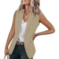 Women's Summer Casual Sleeveless Blazer Solid Color Lapel Open Front Loose Vest Cardigan - S / Tops / Khaki