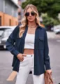 Damen Freizeit einfarbig Doppeltasche Langarm Bluse Knöpfe Detailansicht stilvolles Design. - 2XL / Saphirblau