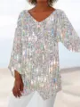 Women plus size casual V-neck long sleeve irregular hem top with shiny crystal print. - 3XL / Tops / White