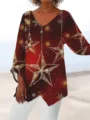 Detailed view of women's long sleeve V-neck top with gold glitter star and snowflake print. - 3XL / Tops / Red