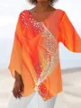 Plus size summer V-neck long sleeve loose abstract print casual blouse for women daily wear. - 3XL / Tops / Orange