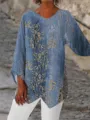 Loose blue long sleeve V-neck top featuring elegant gold floral print detail for summer. - 3XL / Tops / Blue