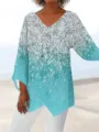 Details of casual long sleeve V-neck gradient print loose top, elegant asymmetrical hem. - 3XL / Tops / Light Blue