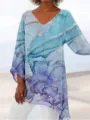 Close-up view of the casual long sleeve V-neck top featuring a unique abstract print. - 3XL / Tops / Purple