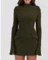 Stylish olive green long sleeve mock neck bodycon dress for women, elegant and chic. - XS / Dresses / Green