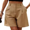 Women summer high waist casual khaki wide leg shorts loose fit straight walking shorts - Camel