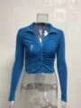 Women's blue long sleeve lapel cardigan slim fit casual top for daily wear and street style. - S / Tops / Blue