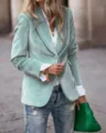 Elegant mint green velvet slim-fit blazer for women, street style fashion look - Grey Green