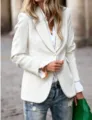 Elegant slim-fit white velvet blazer jacket for women, stylish street wear view. - White
