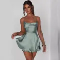 Femme Robe Courte Satinée Sexy Été Dos Nu Bretelles Fines Élégante Robe De Soirée - S / Robes / Vert